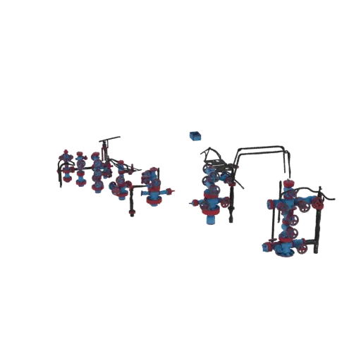 Modelo 3D de um conjunto de cabeça de poço industrial com tubulação e válvulas intrincadas, renderizado em azul e vermelho.