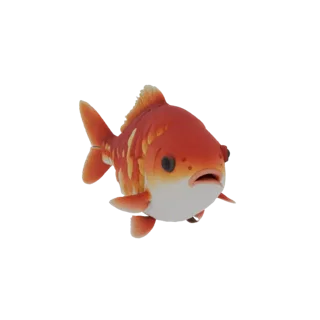 3D cartoon goldfish model with bright orange-yellow coloring and expressive black eyes.