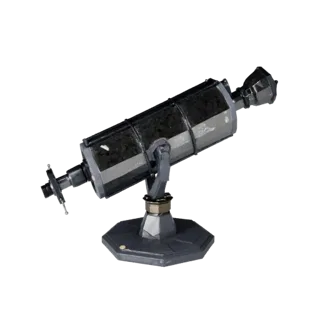 Classroom Observatory Mount Low Poly 3D model, game viewport three-quarter view, showing metal tubes, optical alignment.