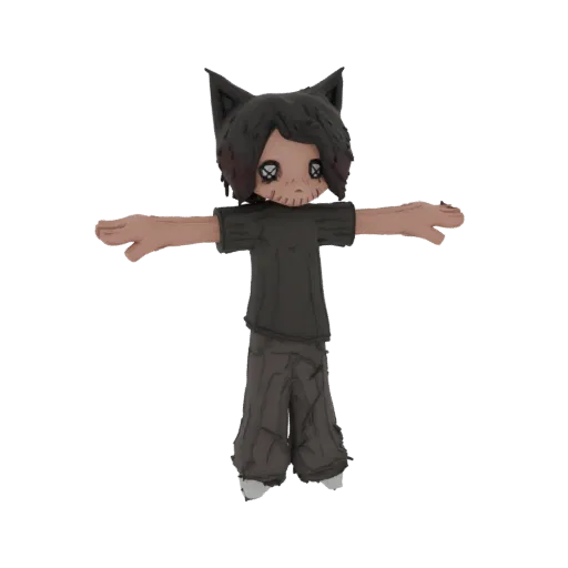 A 3D render of a stylized cat-eared character in a T-pose, with stitched facial details and dark clothing, against a white ba