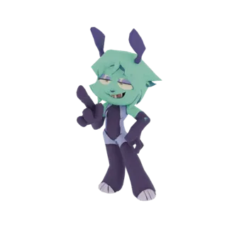 A 3D render of a stylized mint green alien character with purple suit, gloves, and ears, striking a playful pose with one han