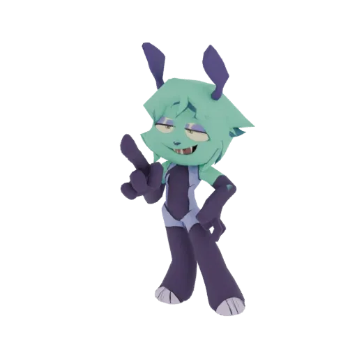 A 3D render of a stylized mint green alien character with purple suit, gloves, and ears, striking a playful pose with one han