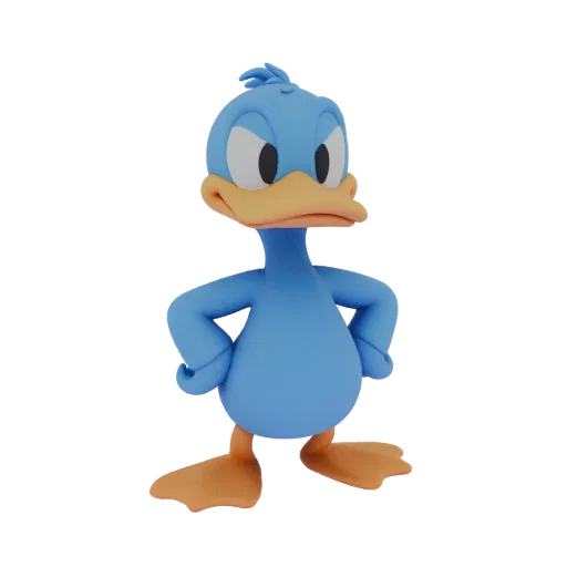 3D model of a blue duckling in cartoon style, standing confidently with hands on hips.