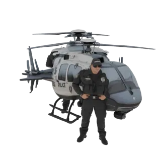 Modello 3D di un agente di polizia in uniforme in piedi accanto a un elicottero della polizia.