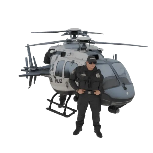 Modèle 3D d'un agent de police en uniforme debout à côté d'un hélicoptère de police.