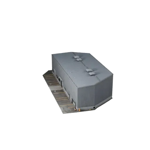 Warehouse realistic 3D model, three-quarter exterior view, showing industrial building materials and architectural detail