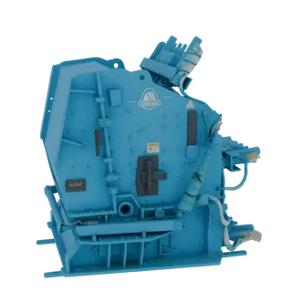 3D model of a blue industrial crusher machine with visible pipes and mechanical components, set against a white background.