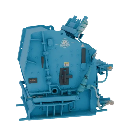 3D model of a blue industrial crusher machine with visible pipes and mechanical components, set against a white background.