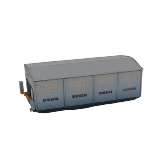 3D model of a modern industrial hangar with gray walls and large rectangular windows under a gable roof