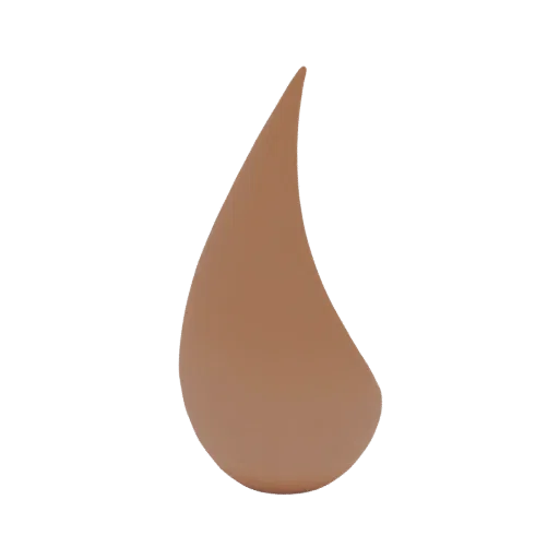 Modelo 3D de uma única amostra lisa em forma de gota de base líquida em tom bege neutro, isolada sobre fundo branco.
