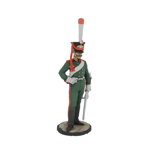 3D model render of a Napoleonic Era Grenadier in a green uniform with red trim, standing at attention.