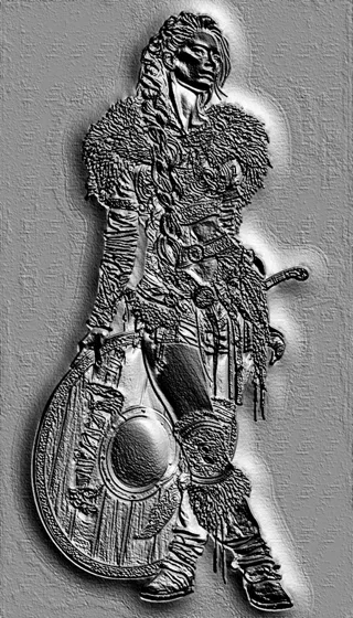 3D model of a Viking bas-relief with shield and sword in engraving style