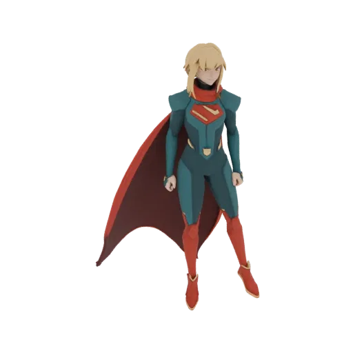 3D model of Supergirl in an anime-inspired style, wearing a teal and red costume with a red cape, standing in a heroic pose.