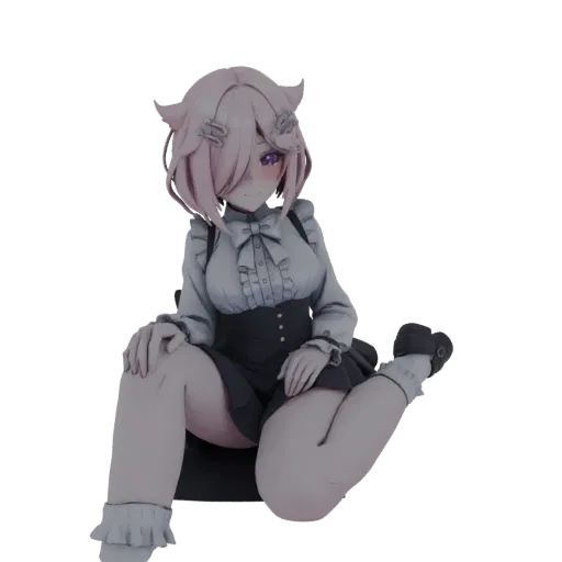 Modelo 3D de uma empregada fofa com cabelo rosa e orelhas de gato, sentada em pose relaxada.