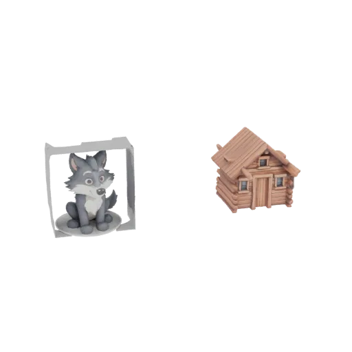 A 3D render showing a cute cartoon wolf sitting inside a white frame, next to a small wooden log cabin.