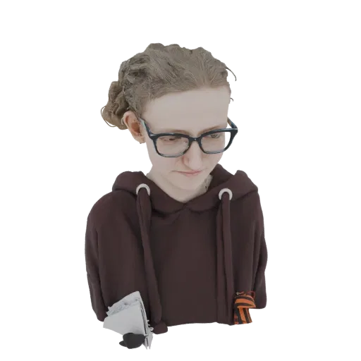 3D model of a young woman with glasses and a dark hoodie, looking down thoughtfully, holding papers.