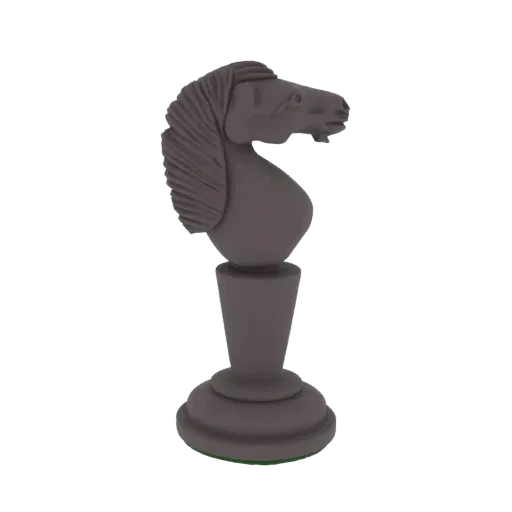 A 3D render of a classic chess knight piece, depicted in a dark gray matte finish against a black background.
