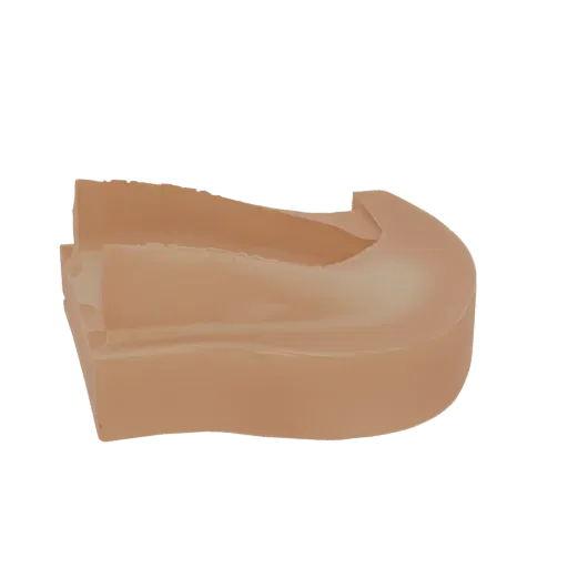 3D model of a U-shaped shoe heel mold with a smooth, matte, light brown finish, viewed from a slight angle.