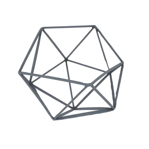 3D render of a complex geometric wireframe object with interconnected lines forming a multifaceted structure, in a matte gray