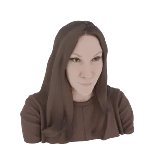 3D model of a woman with long, flowing brown hair and a brown top, looking slightly down and to the side.
