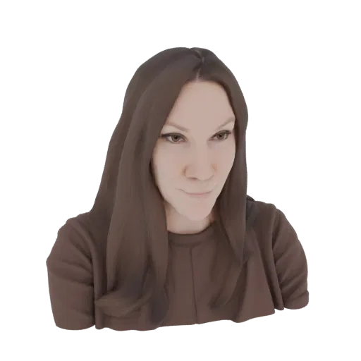 3D model of a woman with long, flowing brown hair and a brown top, looking slightly down and to the side.