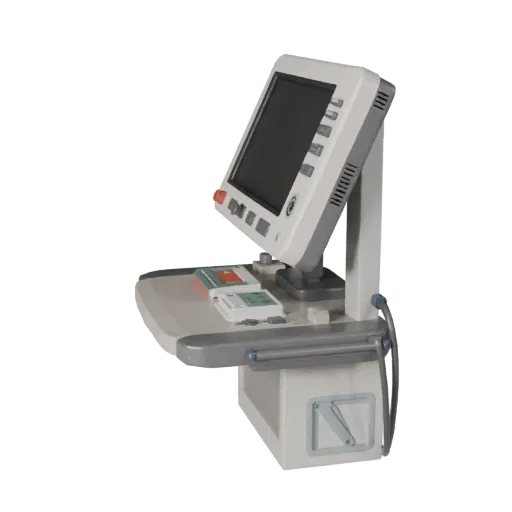 Nursing Training Monitor Stylized 3D model, stylized isometric render, showing neutral plastics, training device layout.