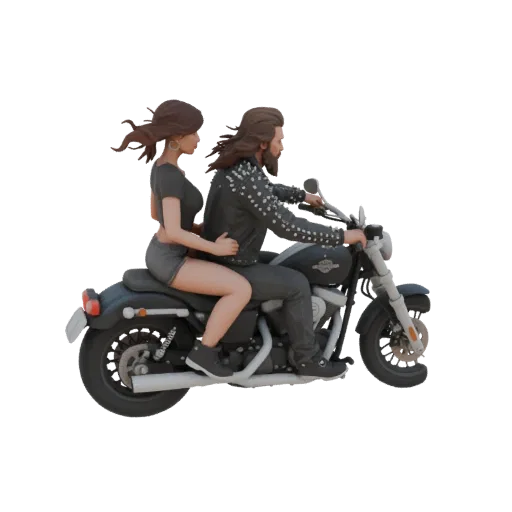 3D model of a rocker in a studded leather jacket riding a Harley Davidson motorcycle with a girl on the back seat, 80s style