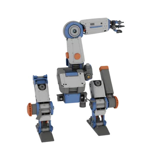 Modelo 3D imprimível Braço Robótico Humanoide, renderização STL isométrica, mostrando armações metálicas, forma de robô.