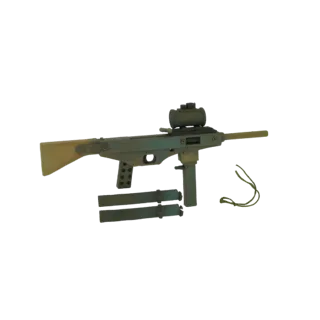 3D model of a submachine gun with a red dot sight, vertical foregrip, and two attached magazines, presented on a white backgr