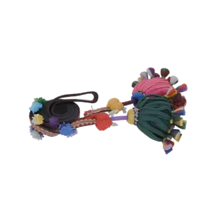 3D model of a decorative strap with a woven pattern, adorned with numerous colorful tassels and fluffy pom-poms in pink, gree