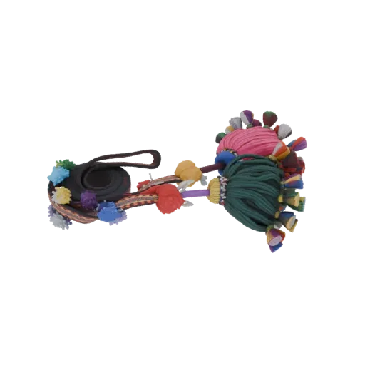 3D model of a decorative strap with a woven pattern, adorned with numerous colorful tassels and fluffy pom-poms in pink, gree