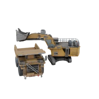 3D model of a yellow mining excavator with its bucket over a yellow dump truck, set against a white background.