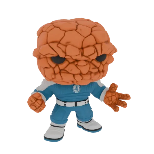 3D-Modell von The Thing aus Fantastic Four im Funko Pop-Stil, in blauer Uniform mit '4'-Emblem, in dynamischer Pose.