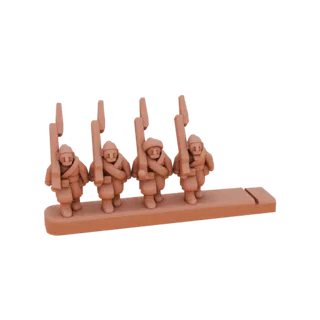 Modelo 3D de quatro soldados estilizados marchando em fila, cada um segurando um rifle, em uma base conectada.