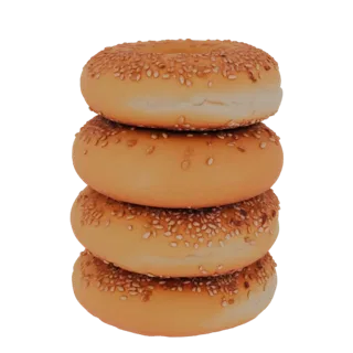A 3D render of a stack of four sesame seed bagels, presented on a white background.