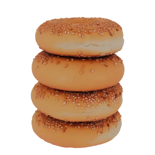 A 3D render of a stack of four sesame seed bagels, presented on a white background.
