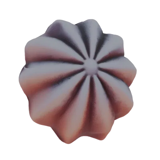 Un rendering 3D di un oggetto decorativo a stella scanalata con otto petali radianti e un accento centrale, presentato su uno