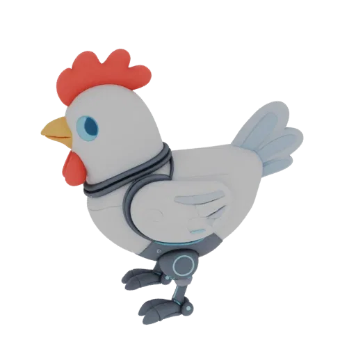 3D model of a cute cyber chicken with a red comb, blue eyes, and mechanical legs, on a white background.
