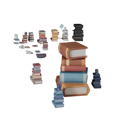 Cozy Book Stack Low Poly 3D model, game viewport three-quarter view, showing ceramic, recognizable everyday shapes.