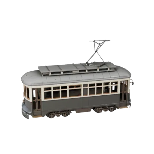 Modello 3D Tram d'Epoca, vista studio tre quarti, asset veicolare pronto per l'animazione con proporzioni strada-rotaia, ritm