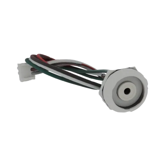 3D model of a wire harness with a white connector and a silver jack, showing multiple colored wires.
