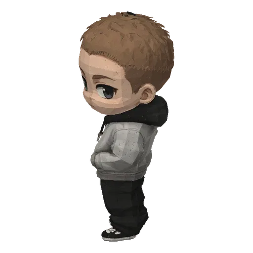 3D model of a chibi anime boy with spiky brown hair, wearing a grey bomber jacket and black pants, standing with hands in poc