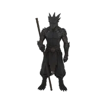 Modèle 3D d'un personnage de moine dragon à la peau sombre, debout avec un bâton, portant des robes traditionnelles.
