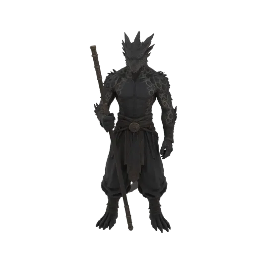 3D-Modell eines dunkelhäutigen Drachenmönch-Charakters, der mit einem Stab in traditioneller Robe steht.