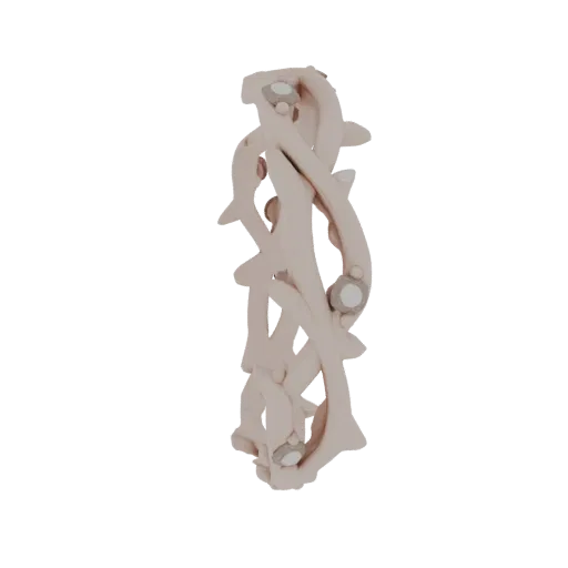 3D-Render eines zarten Rings, gestaltet als verschlungene Ranken mit verspielten Delfinen, mit kleinen Edelsteinakzenten.