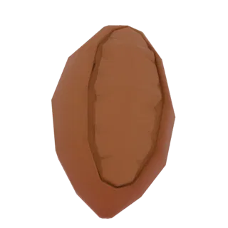 Ein Low-Poly 3D-Modell einer einzelnen Kakaobohne, in warmem Braun mit geometrischen Facetten.