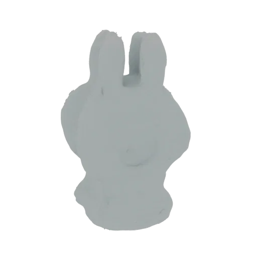 Ein hellgraues 3D-Modell einer niedlichen Hasenfigur mit großen Ohren und einem einfachen, liebenswerten Gesicht, präsentiert