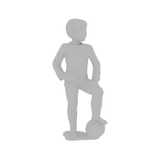 3D model of a young boy with short hair, wearing a long-sleeved shirt and shorts, with his right foot resting on a soccer bal