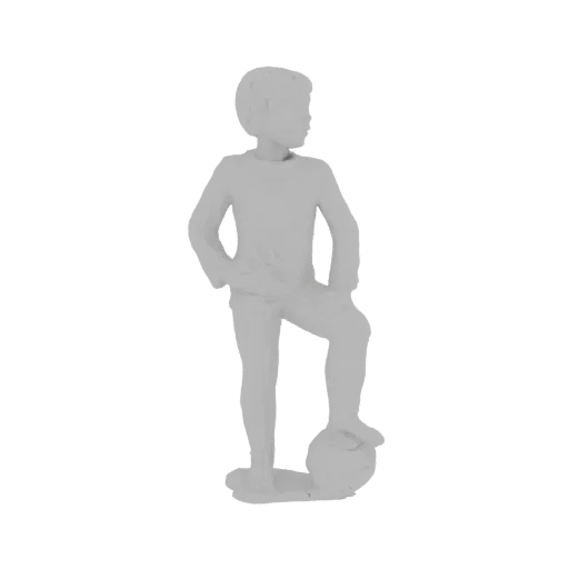 3D model of a young boy with short hair, wearing a long-sleeved shirt and shorts, with his right foot resting on a soccer bal