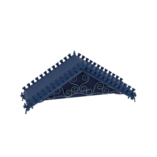 A 3D model of a dark blue metal awning with decorative scrollwork and a triangular-edged trim, viewed from a slightly elevate